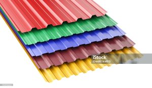 Metal corrugated roof sheets, with various colors. 3d illustration on a white background.