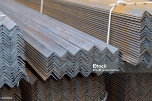 Metal profile angle in packs at the warehouse of metal products, Russia